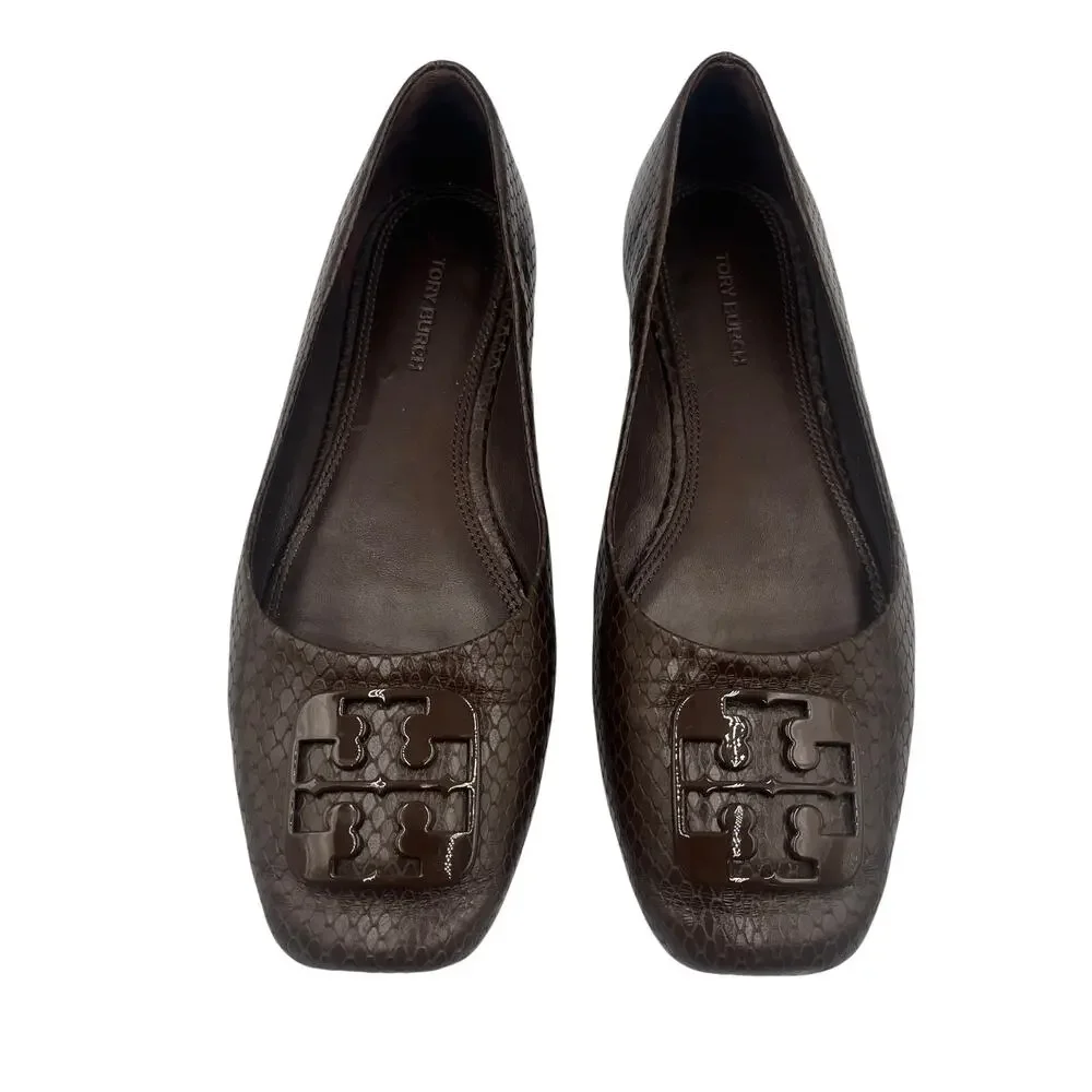 Tory Burch Ballet Flats Shoes Georgia Snakeskin Slip On Chocolate Brown Sz 6.5M